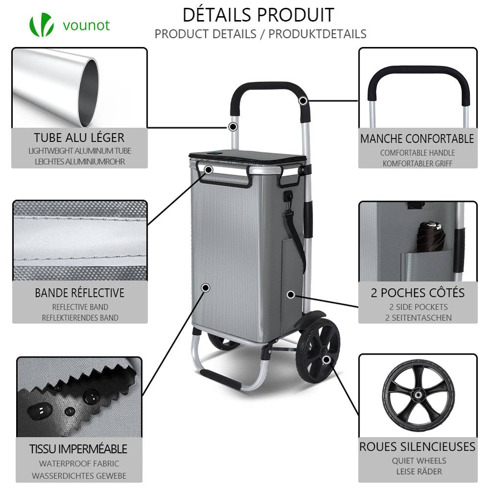 Chariot de course pliable aluminium 2 roues avec sac isotherme gris - Image 2