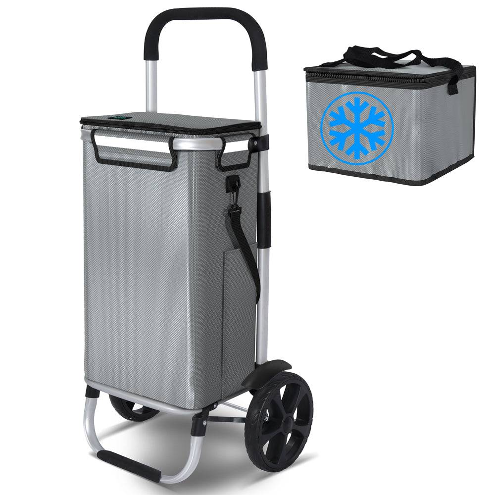 Chariot de course pliable aluminium 2 roues avec sac isotherme gris