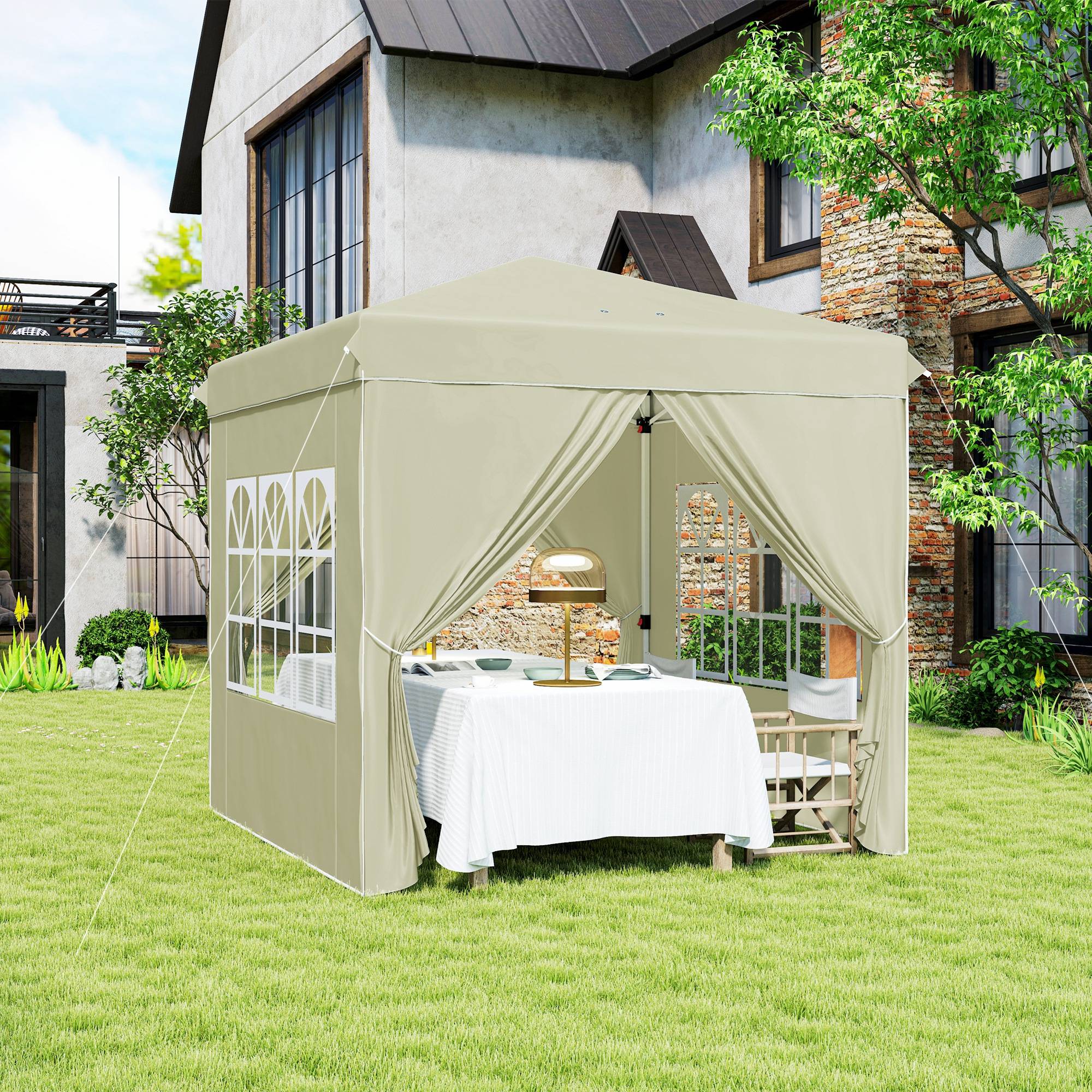 Tonnelle pliante pop-up en métal pour réception avec fenêtres réglable 248x248cm crème - ComfortXL Outdoor Living - Image 4