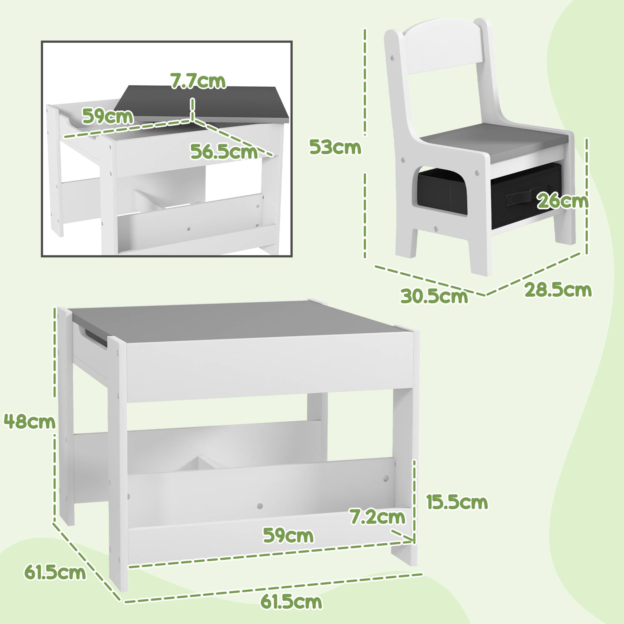 Petite table enfant et 2 chaises, plateau 3-en-1 ardoise et rangements, gris - Image 5