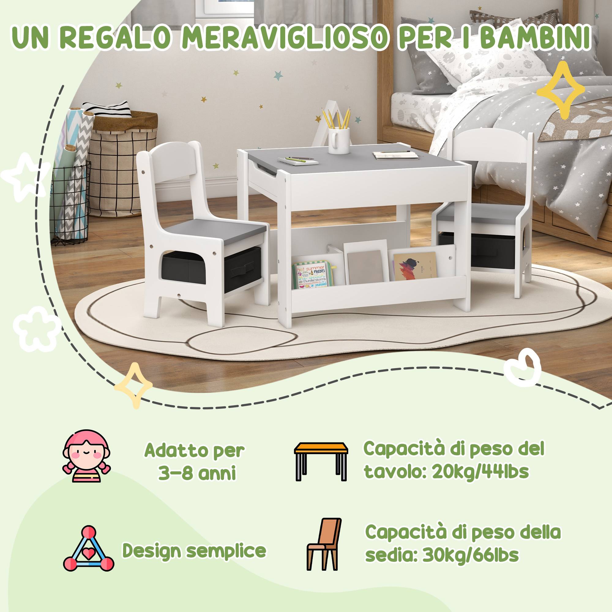 Petite table enfant et 2 chaises, plateau 3-en-1 ardoise et rangements, gris - Image 7