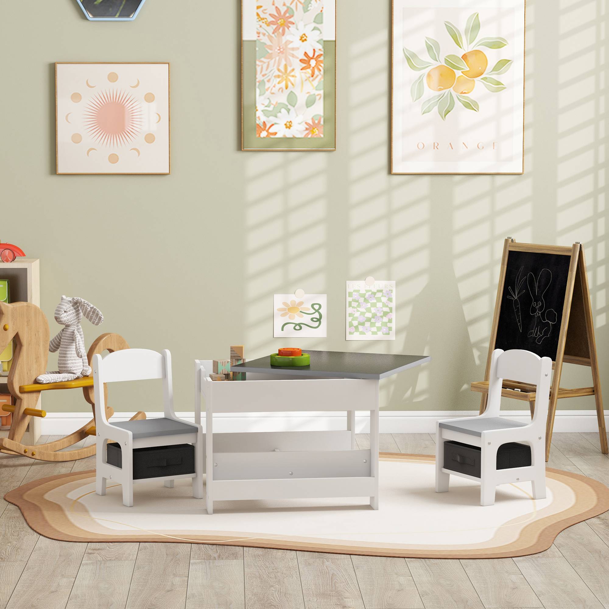 Petite table enfant et 2 chaises, plateau 3-en-1 ardoise et rangements, gris - Image 4