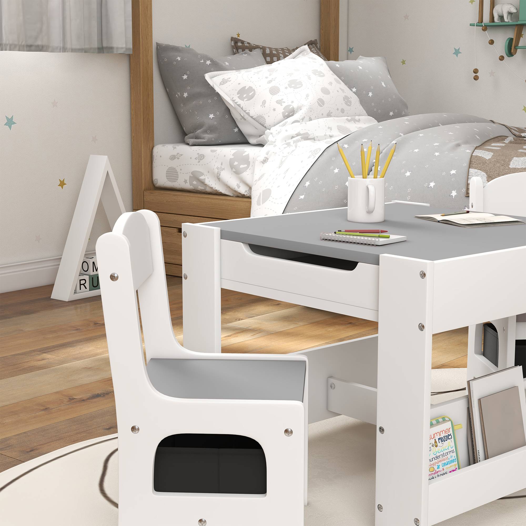 Petite table enfant et 2 chaises, plateau 3-en-1 ardoise et rangements, gris - Image 10