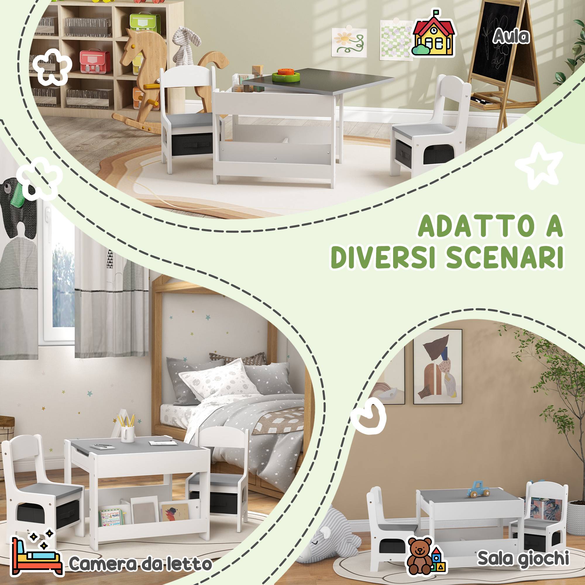 Petite table enfant et 2 chaises, plateau 3-en-1 ardoise et rangements, gris - Image 9