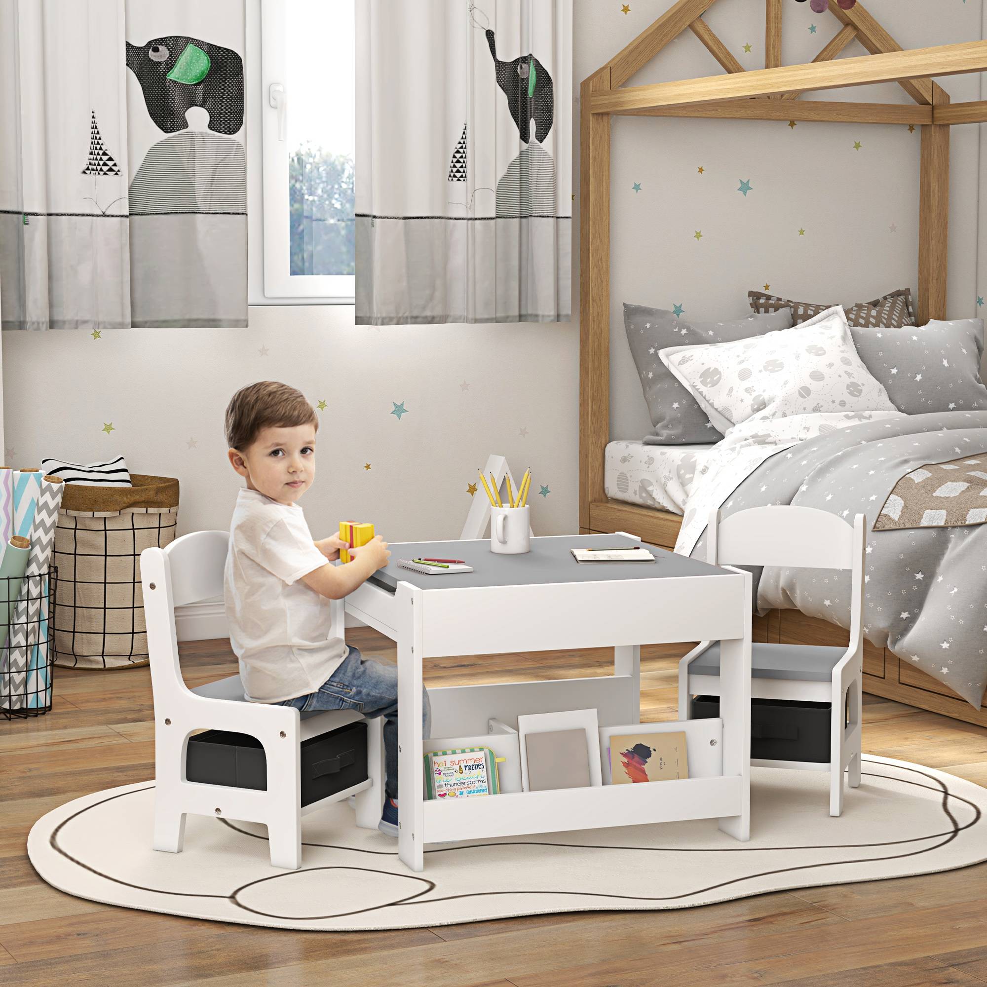 Petite table enfant et 2 chaises, plateau 3-en-1 ardoise et rangements, gris - Image 3