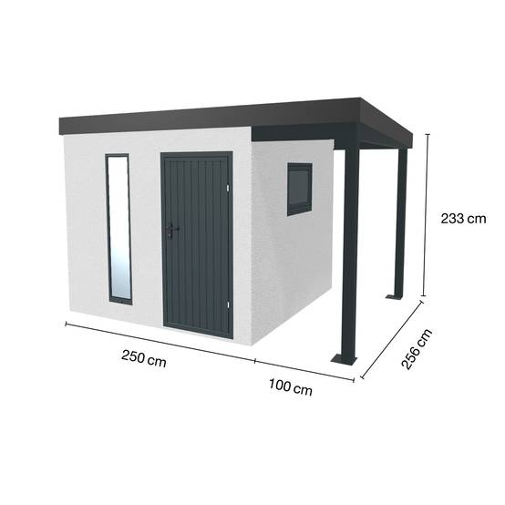 Abri de jardin en métal finition crépi 2500 x 2560 mm blanc avec auvent à droite 1000 x 2560 mm anthracite - Image 1