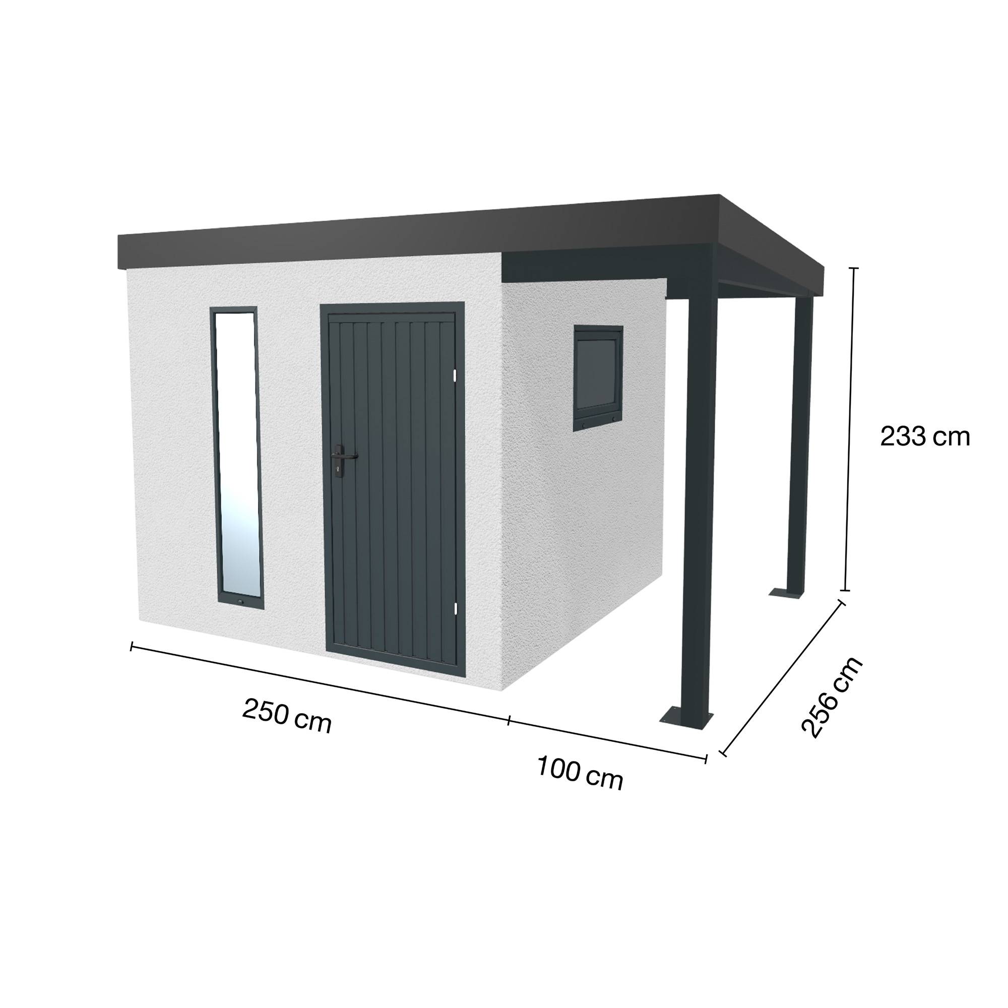 Abri de jardin en métal finition crépi 2500 x 2560 mm blanc avec auvent à droite 1000 x 2560 mm anthracite - Image 1