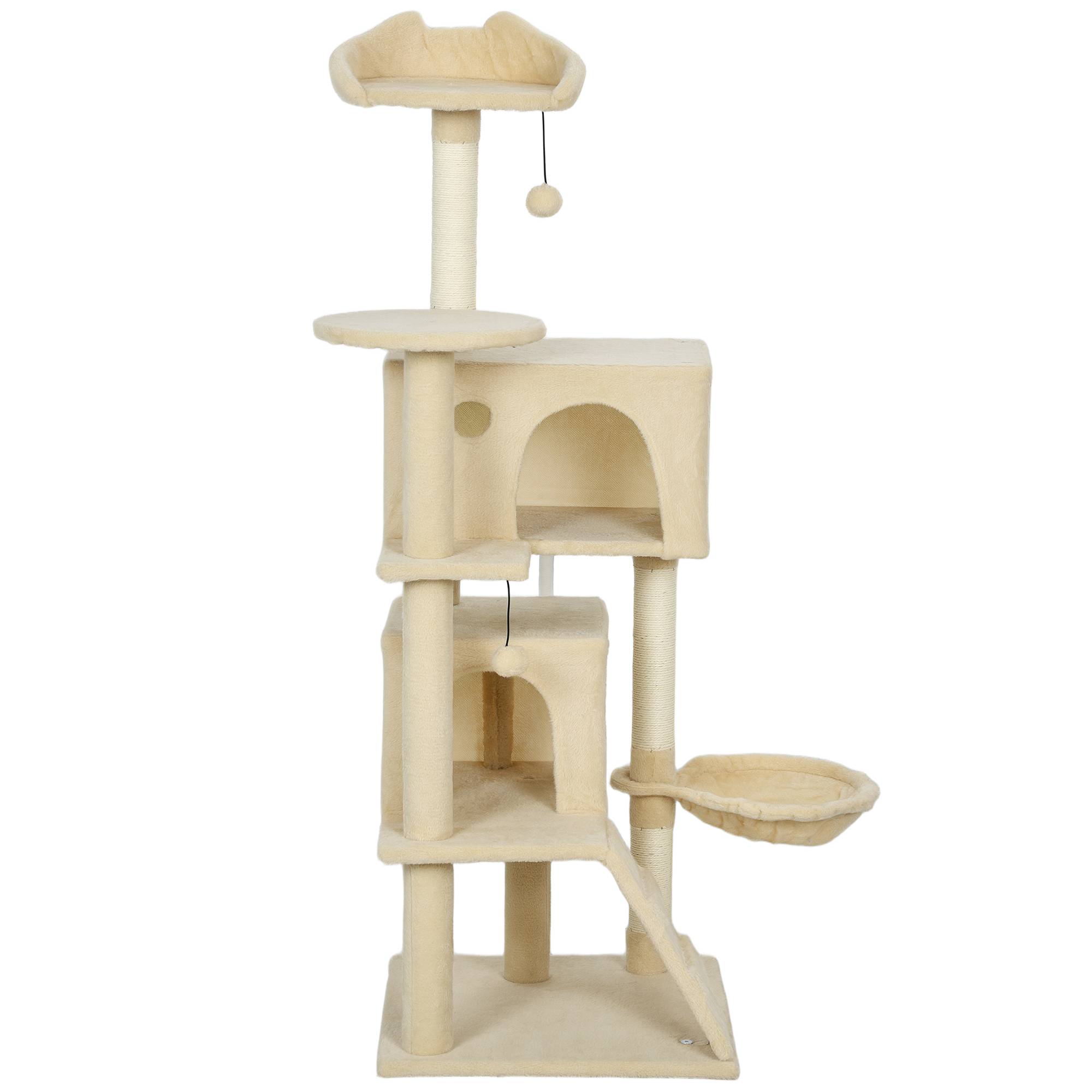 arbre à chat beige 140 cm plateformes lit 2 grottes hamac échelle sisal chat intérieur complet stable - Image 2