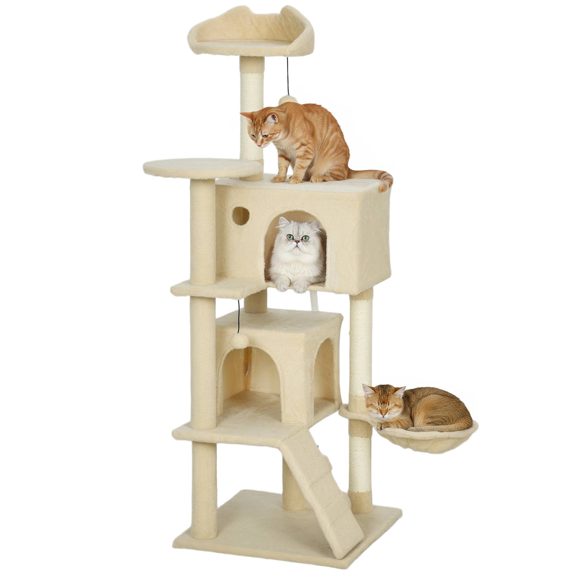 arbre à chat beige 140 cm plateformes lit 2 grottes hamac échelle sisal chat intérieur complet stable
