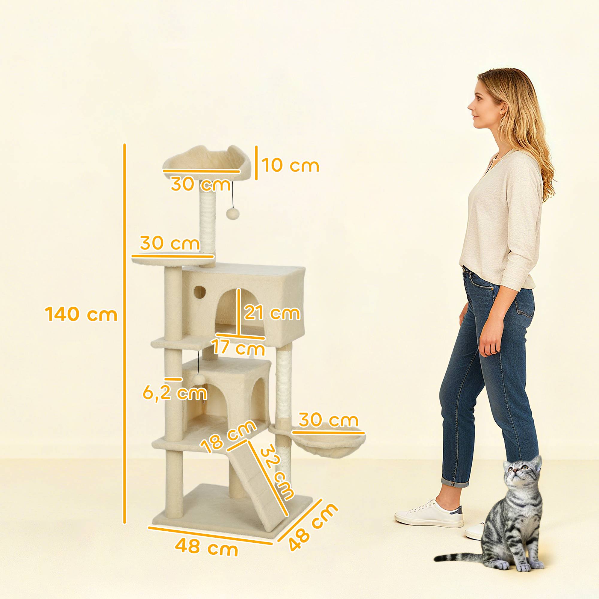 arbre à chat beige 140 cm plateformes lit 2 grottes hamac échelle sisal chat intérieur complet stable - Image 5