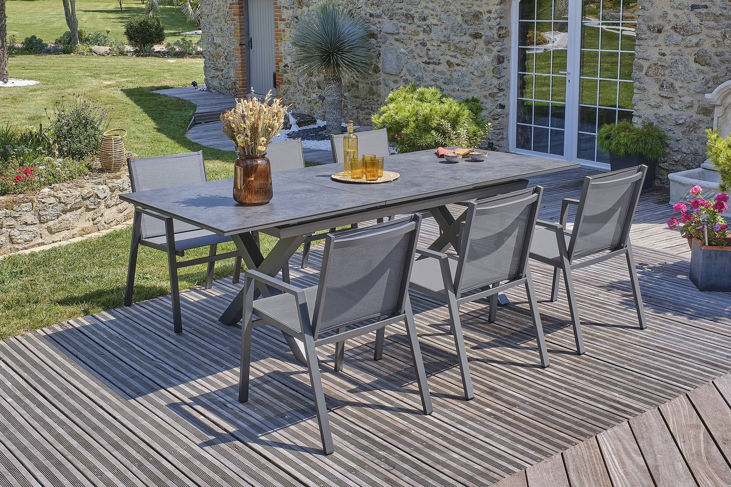 Dcb Garden - Ensemble repas de jardin 6 pl plateau céramique sur verre - Gris anthracite - FLORIDE - Image 2