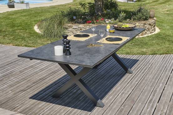 Dcb Garden - Ensemble repas de jardin 6 pl plateau céramique sur verre - Gris anthracite - FLORIDE - Image 3