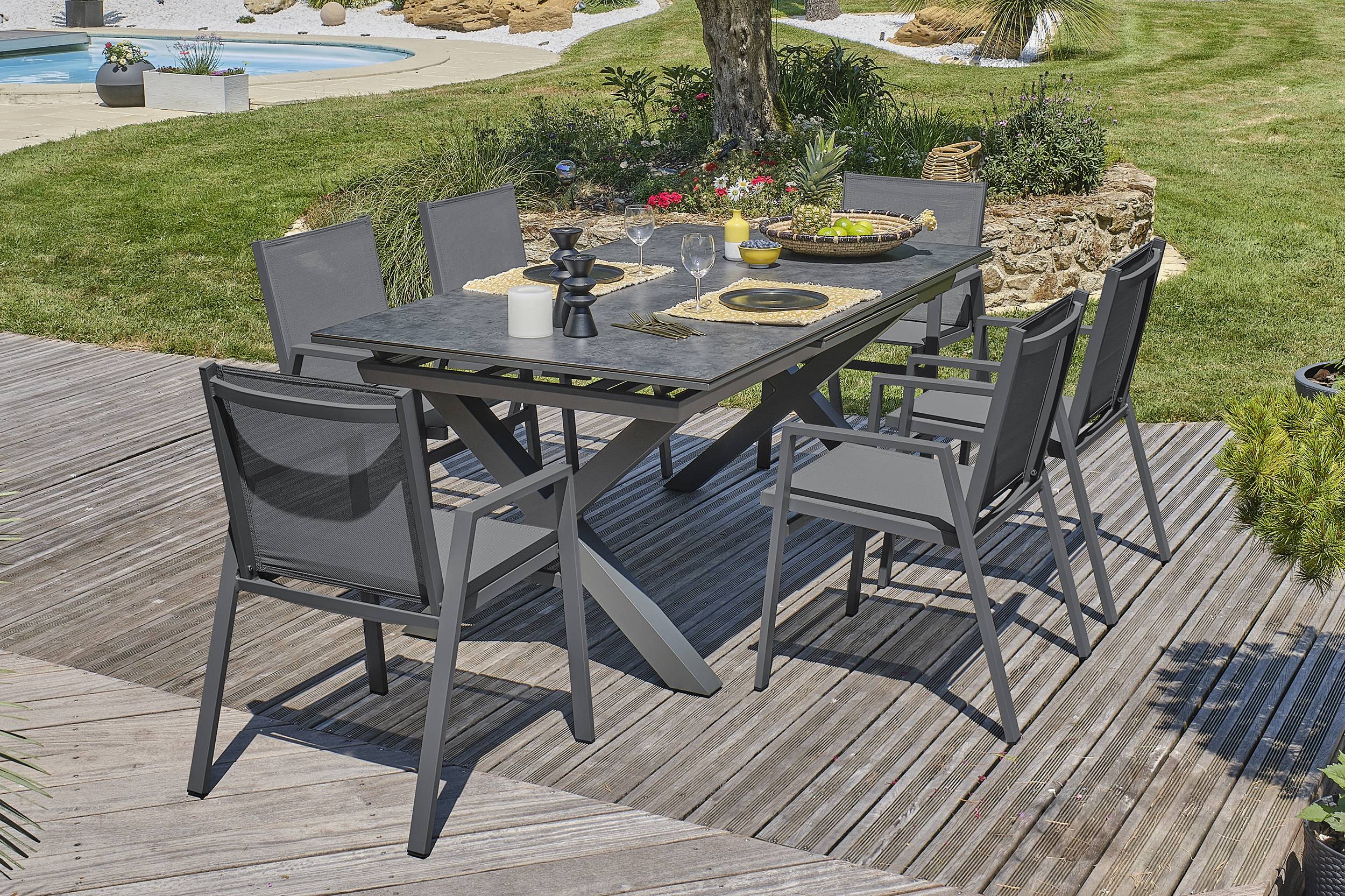 Dcb Garden - Ensemble repas de jardin 6 pl plateau céramique sur verre - Gris anthracite - FLORIDE - Image 1