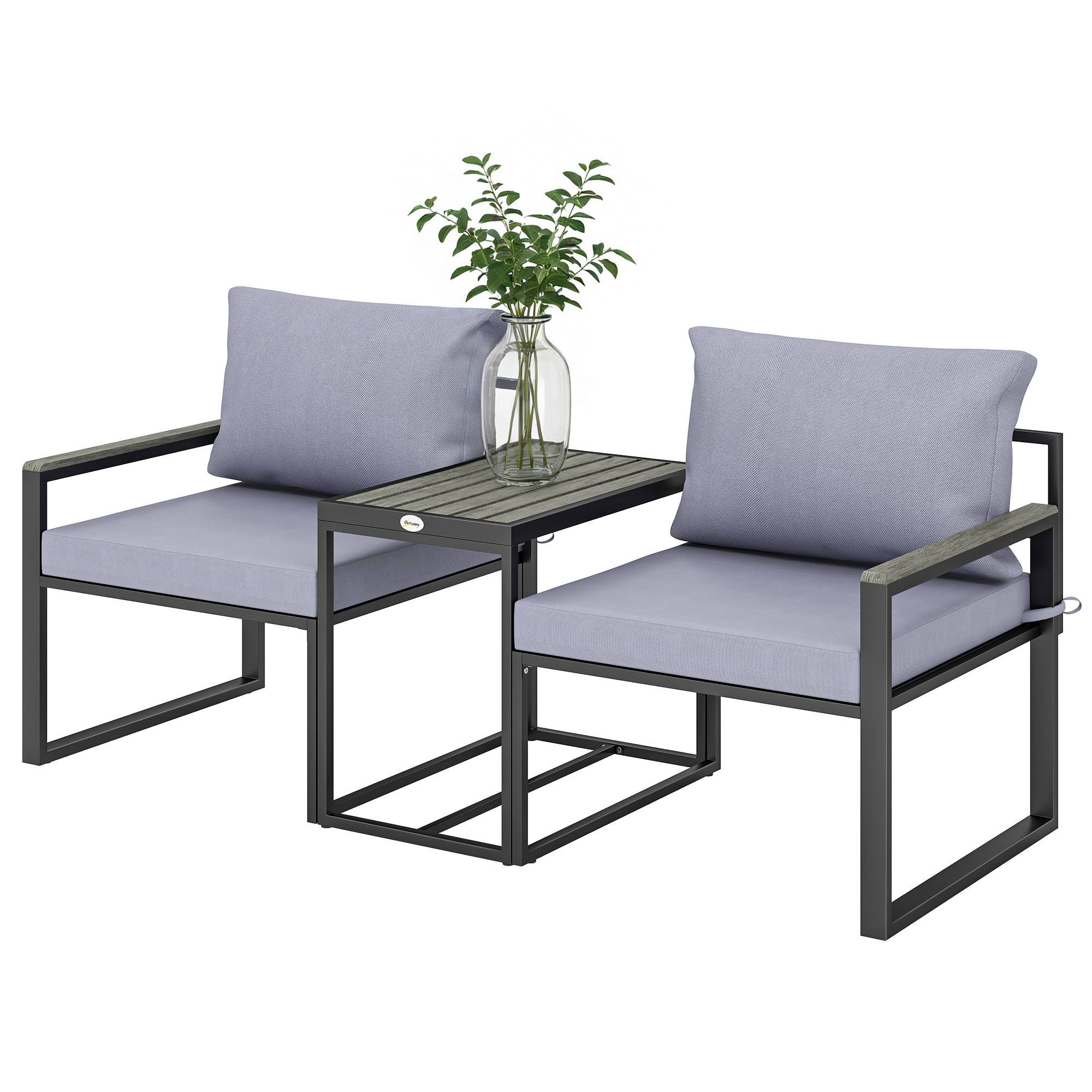 Salon de jardin 3 pièces coussins 14cm et accoudoirs en composite bois-plastique 2 fauteuils et table d'appoint gris - Image 2