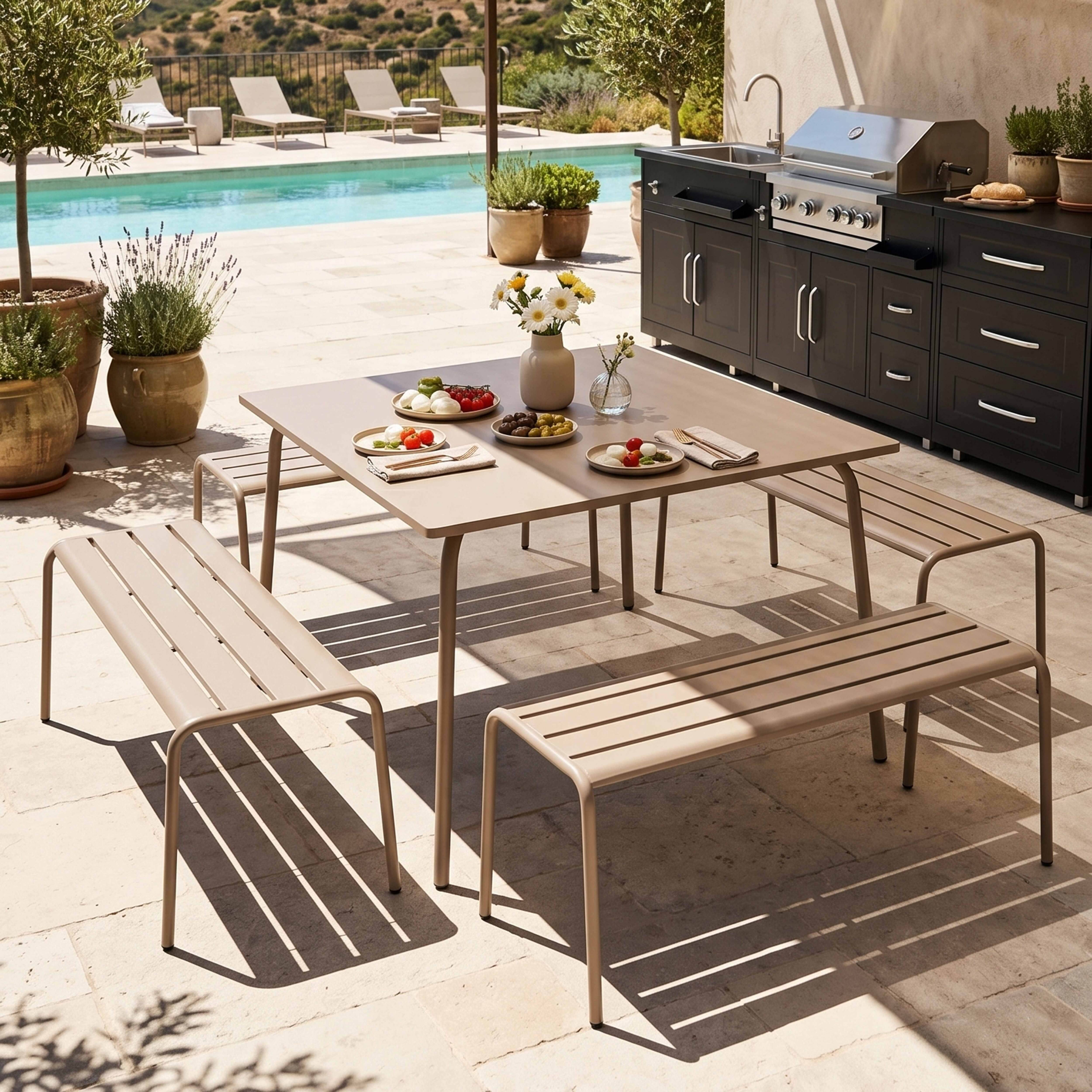Oviala - Ensemble table de jardin carrée et 4 bancs en métal taupe  Palavas - Oviala - Image 2