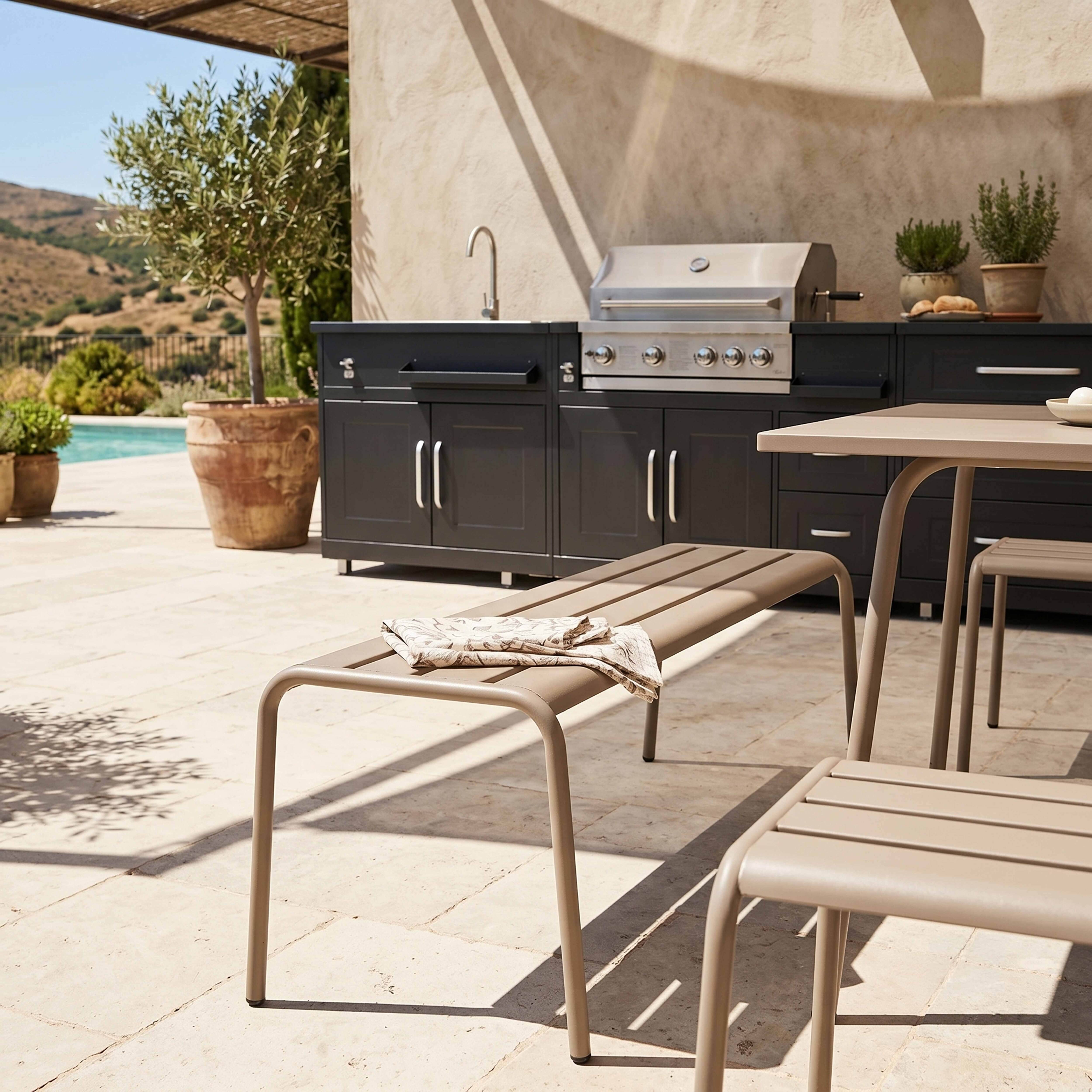 Oviala - Ensemble table de jardin carrée et 4 bancs en métal taupe Palavas - Oviala - Image 4