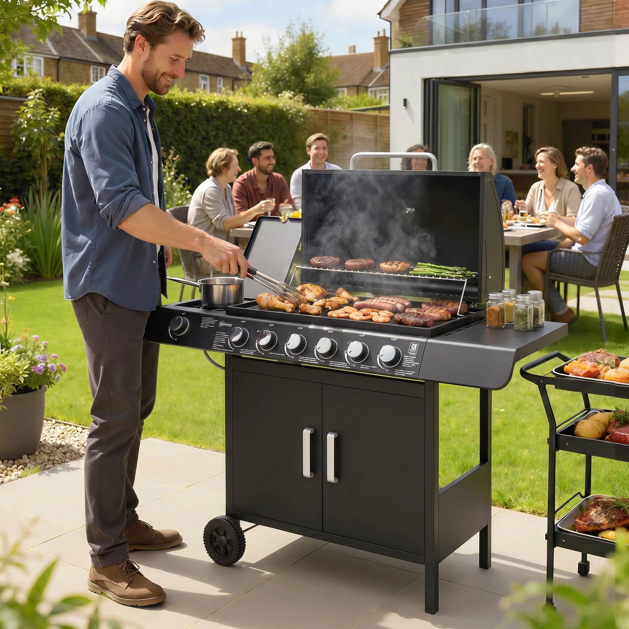 Barbecue à gaz avec couvercle, 7 brûleurs de 20 kW, brûleur latéral et 2 roues, 135 x 50 x 100 cm, noir - Image 3
