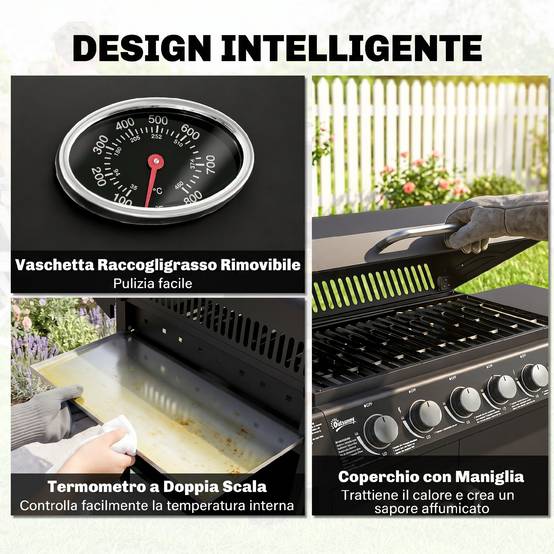 Barbecue à gaz avec couvercle, 7 brûleurs de 20 kW, brûleur latéral et 2 roues, 135 x 50 x 100 cm, noir - Image 9
