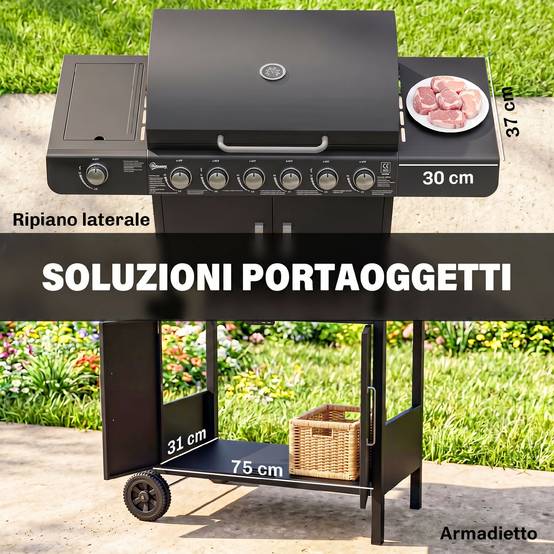 Barbecue à gaz avec couvercle, 7 brûleurs de 20 kW, brûleur latéral et 2 roues, 135 x 50 x 100 cm, noir - Image 8