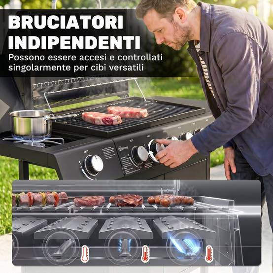 Barbecue à gaz avec couvercle, 7 brûleurs de 20 kW, brûleur latéral et 2 roues, 135 x 50 x 100 cm, noir - Image 7