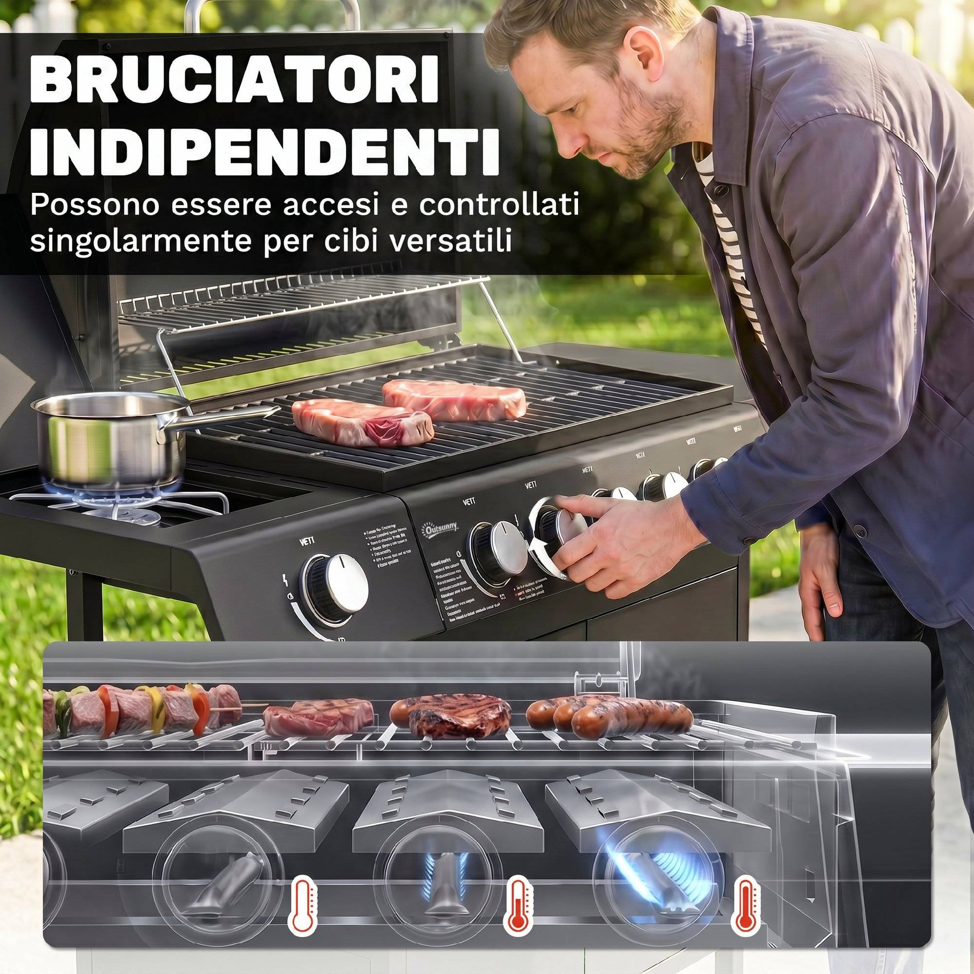 Barbecue à gaz avec couvercle, 7 brûleurs de 20 kW, brûleur latéral et 2 roues, 135 x 50 x 100 cm, noir - Image 7