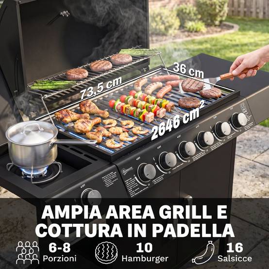 Barbecue à gaz avec couvercle, 7 brûleurs de 20 kW, brûleur latéral et 2 roues, 135 x 50 x 100 cm, noir - Image 6