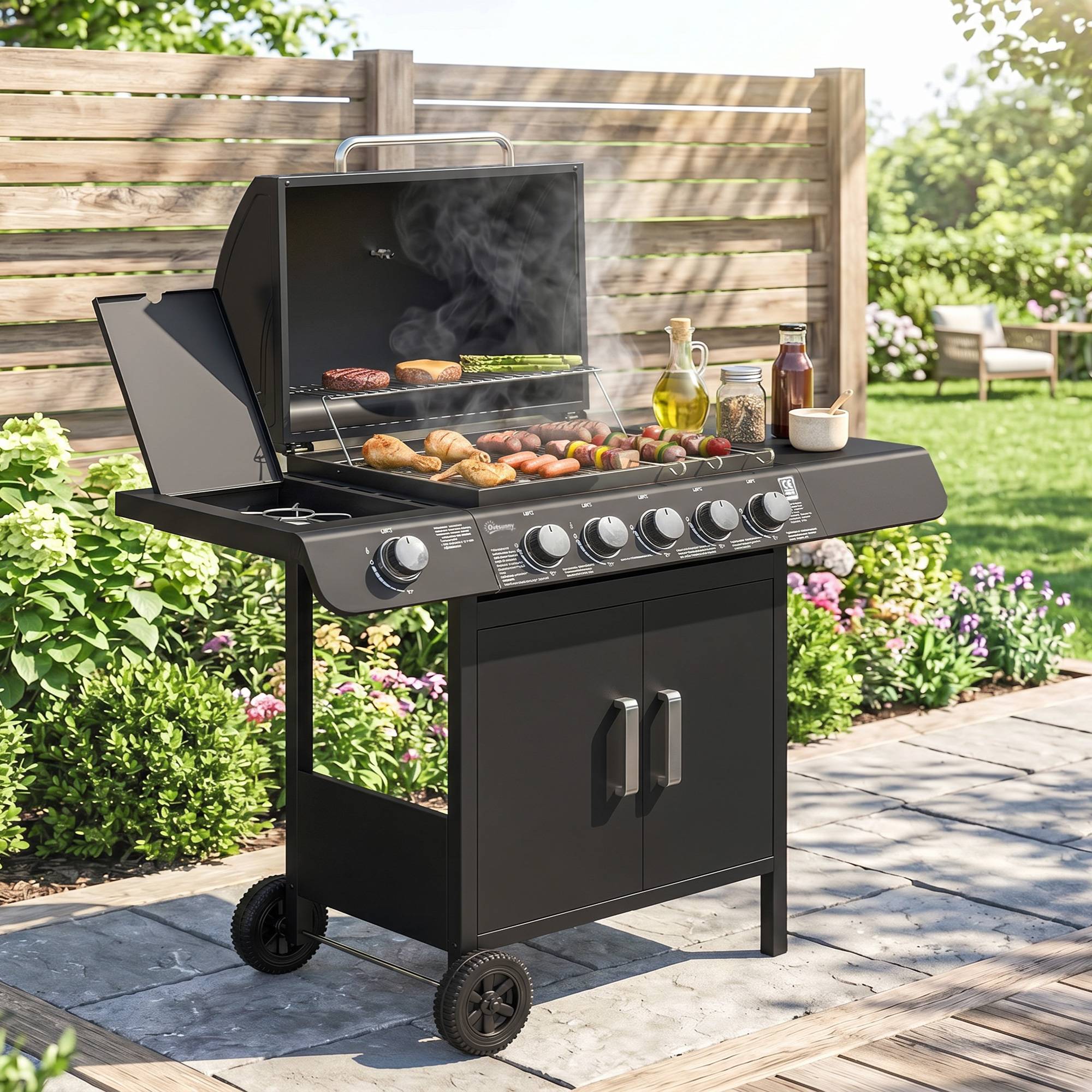 Barbecue à gaz avec couvercle, 7 brûleurs de 20 kW, brûleur latéral et 2 roues, 135 x 50 x 100 cm, noir - Image 10