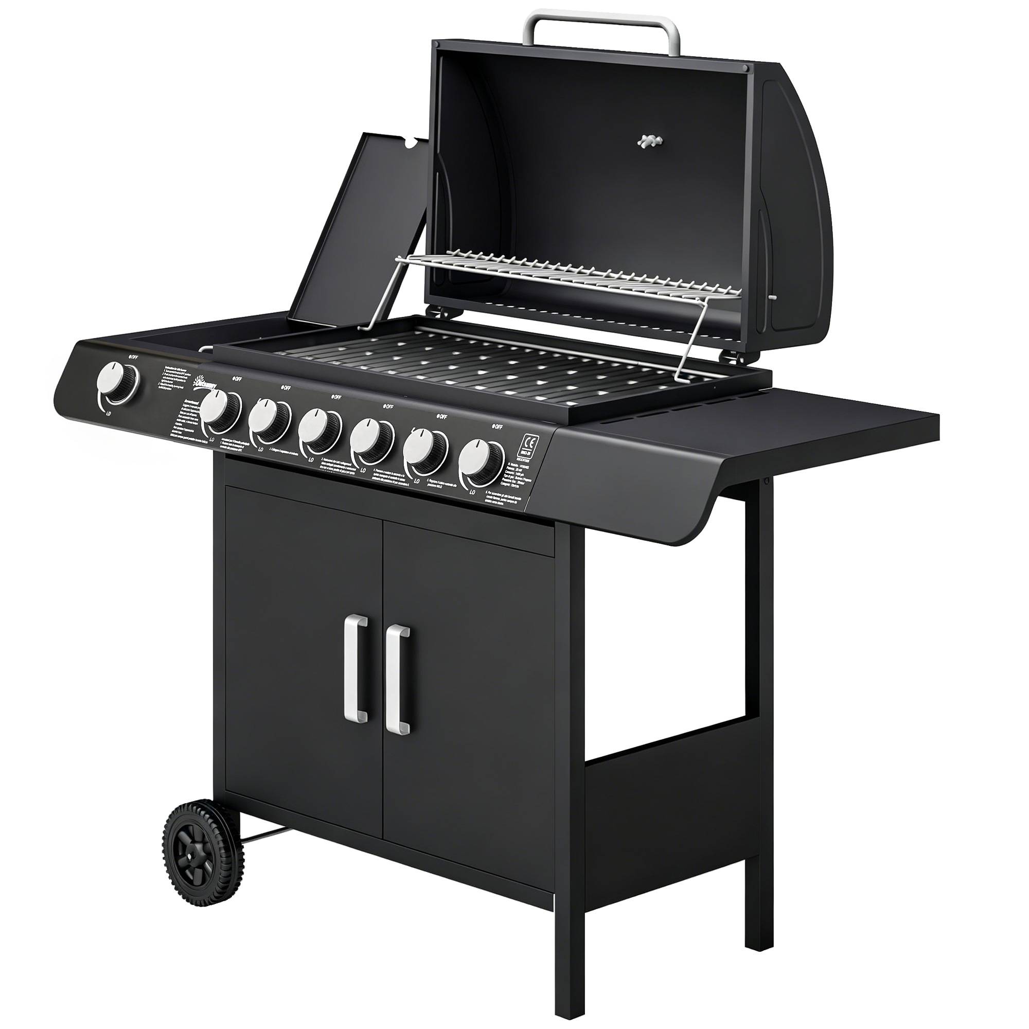 Barbecue à gaz avec couvercle, 7 brûleurs de 20 kW, brûleur latéral et 2 roues, 135 x 50 x 100 cm, noir - Image 2