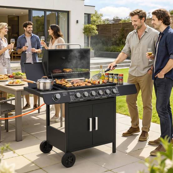 Barbecue à gaz avec couvercle, 7 brûleurs de 20 kW, brûleur latéral et 2 roues, 135 x 50 x 100 cm, noir - Image 4