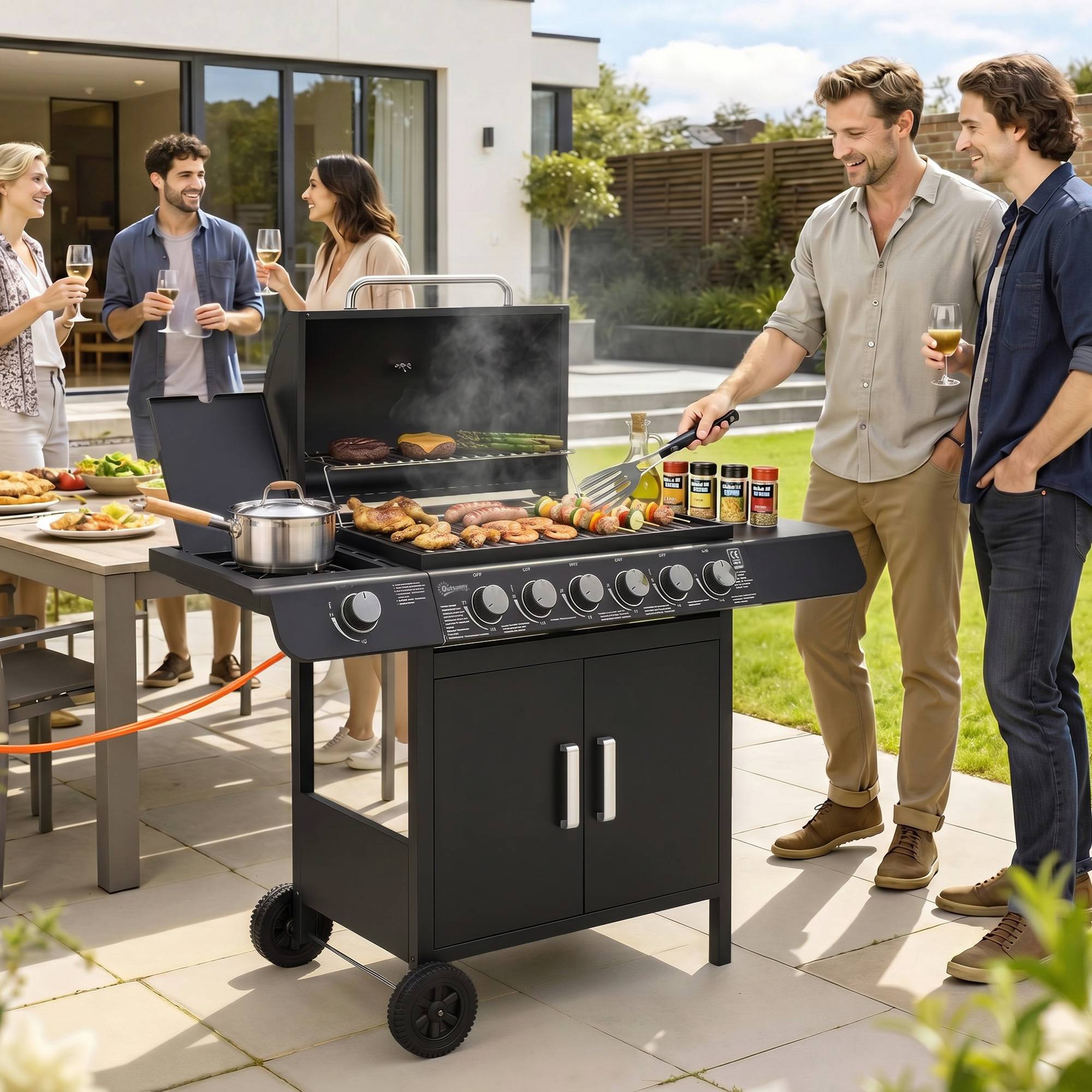 Barbecue à gaz avec couvercle, 7 brûleurs de 20 kW, brûleur latéral et 2 roues, 135 x 50 x 100 cm, noir - Image 4