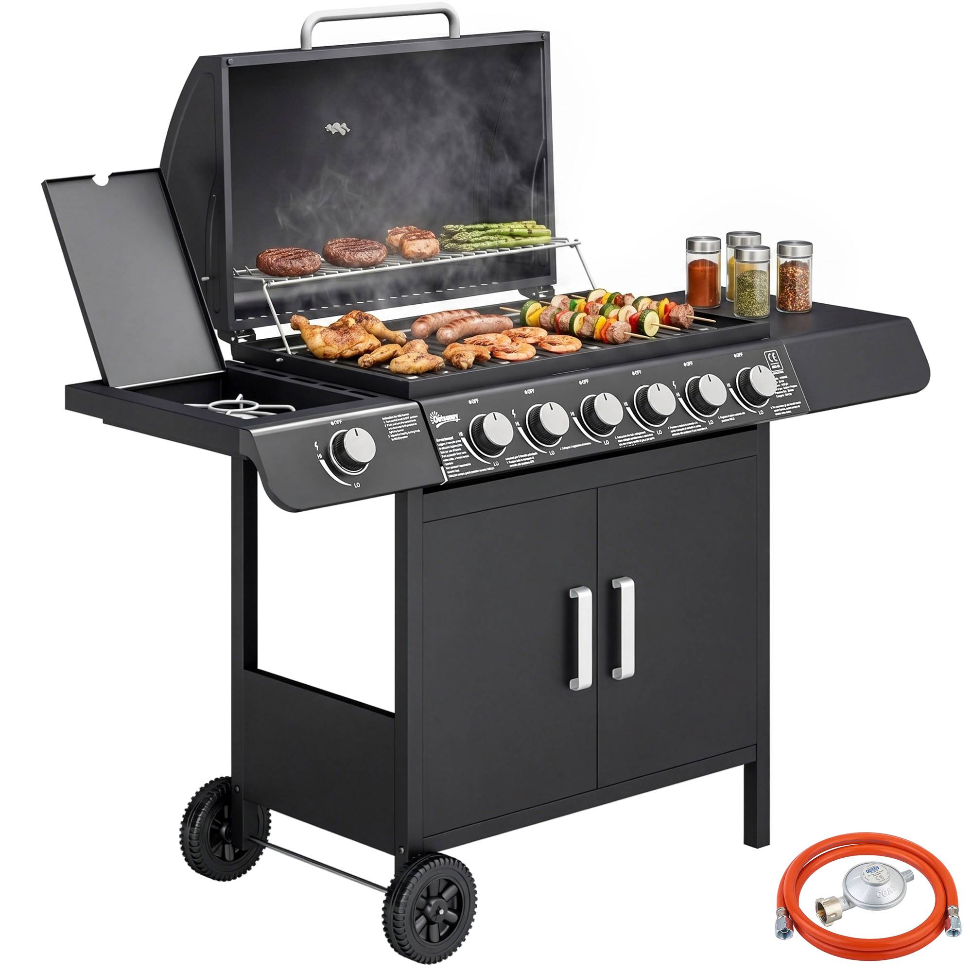 Barbecue à gaz avec couvercle, 7 brûleurs de 20 kW, brûleur latéral et 2 roues, 135 x 50 x 100 cm, noir - Image 1