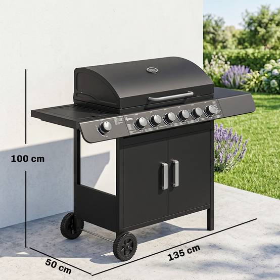 Barbecue à gaz avec couvercle, 7 brûleurs de 20 kW, brûleur latéral et 2 roues, 135 x 50 x 100 cm, noir - Image 5