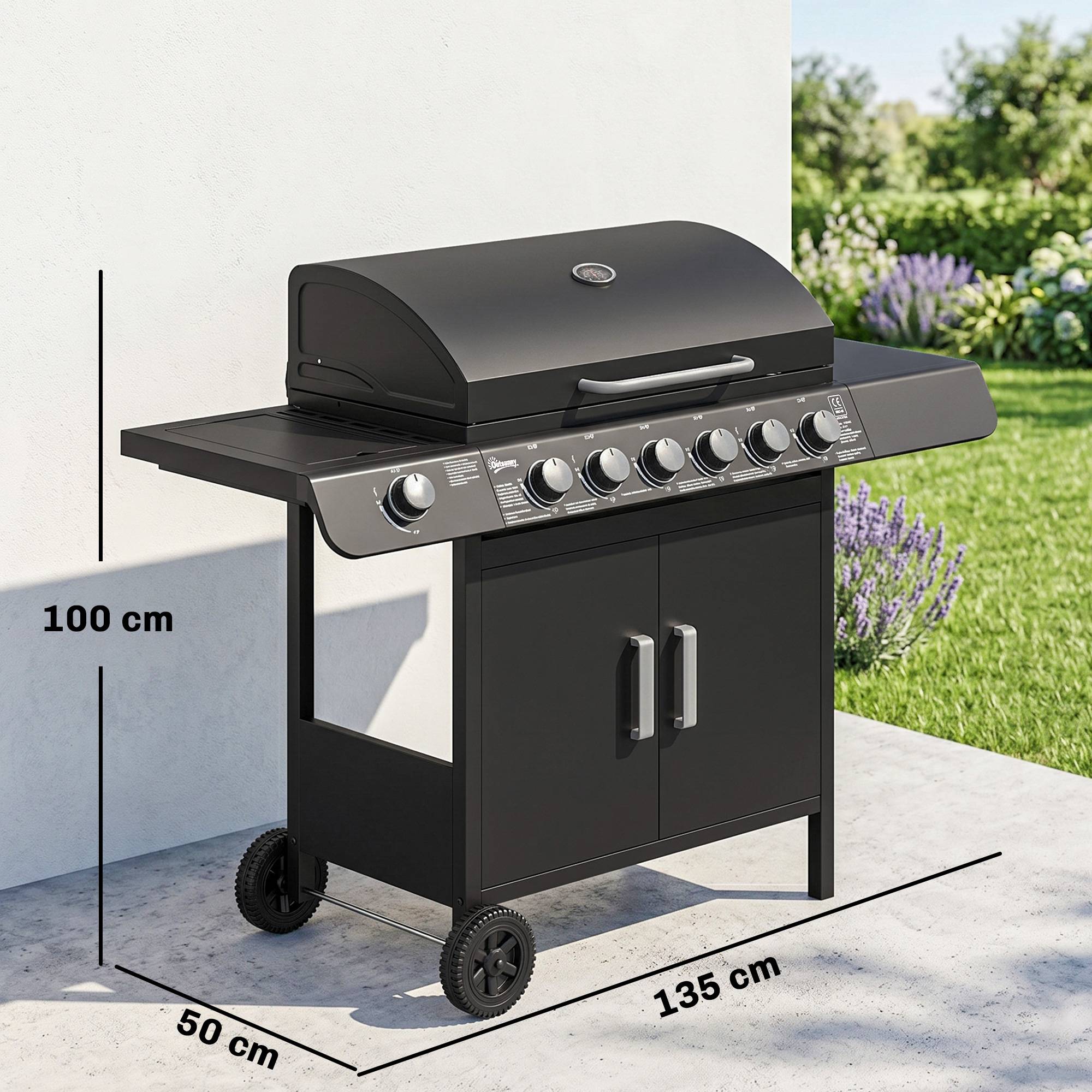 Barbecue à gaz avec couvercle, 7 brûleurs de 20 kW, brûleur latéral et 2 roues, 135 x 50 x 100 cm, noir - Image 5