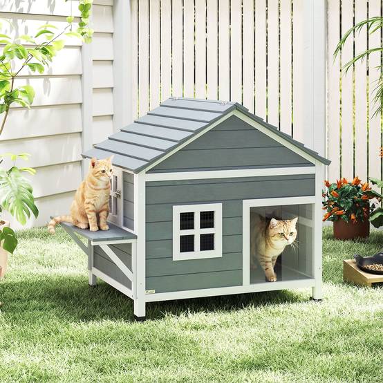 Maison chat bois 2 étages niche toit rabattable étanche plateforme latérale 101x72,5x81 cm gris - Image 3