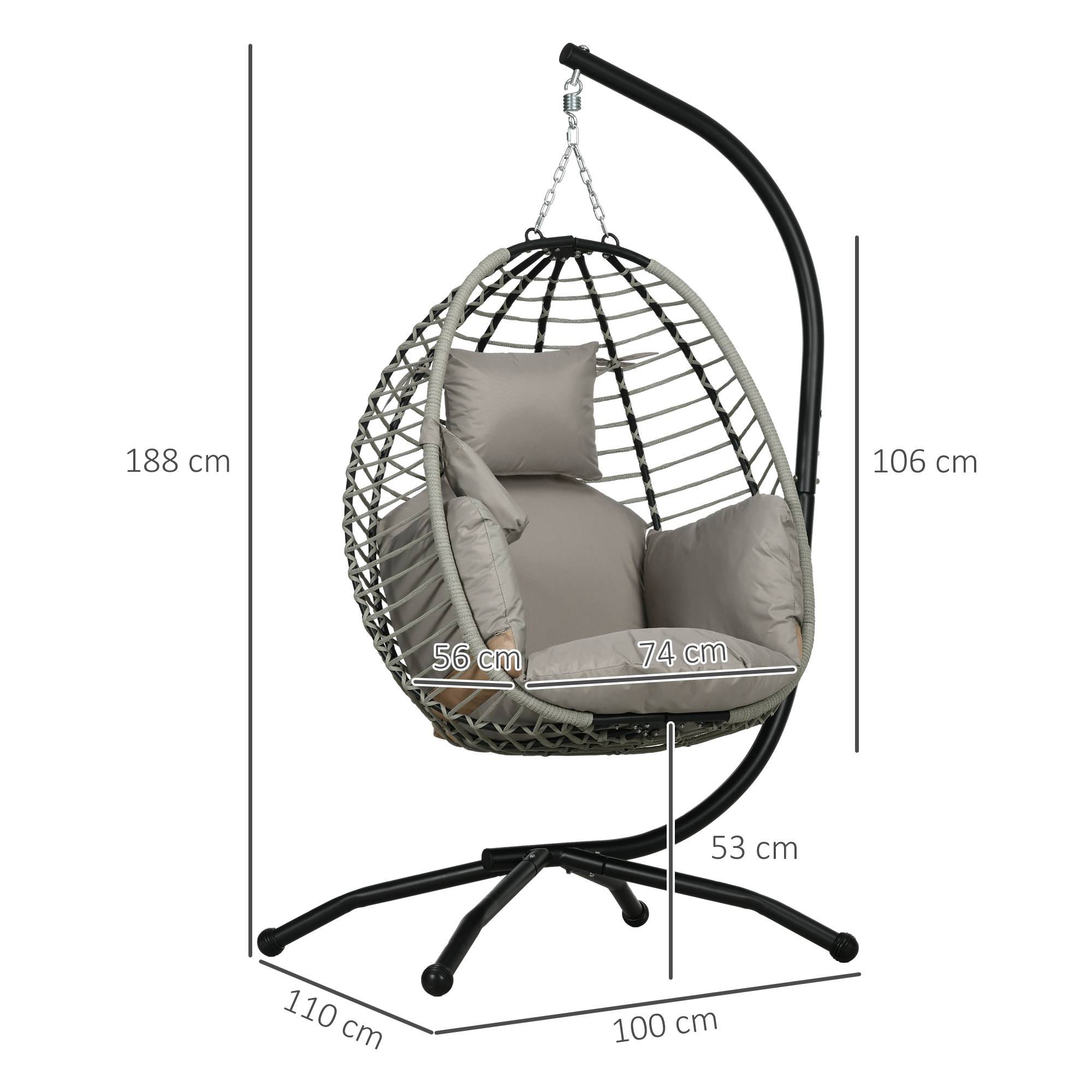 Fauteuil œuf suspendu acier intérieur extérieur pliable 110x100x188cm gris - ComfortXL Outdoor Living - Image 5