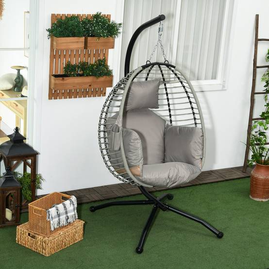 Fauteuil œuf suspendu acier intérieur extérieur pliable 110x100x188cm gris - ComfortXL Outdoor Living - Image 3