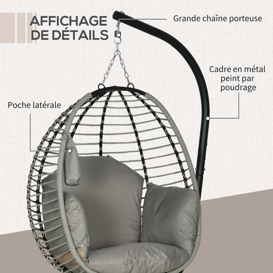 Fauteuil œuf suspendu acier intérieur extérieur pliable 110x100x188cm gris - ComfortXL Outdoor Living - Image 9