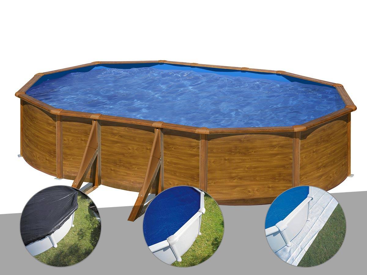 Gré - Kit piscine acier aspect bois Gré Pacific ovale 5,27 x 3,27 x 1,22 m + Bâche d'hivernage + Bâche à bulles + Tapis de sol