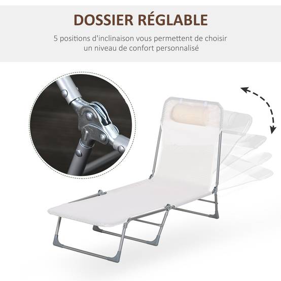 ComfortXL - Transat pliant métal extérieur dossier inclinable avec coussin oreiller crème - ComfortXL Outdoor Living - Image 8