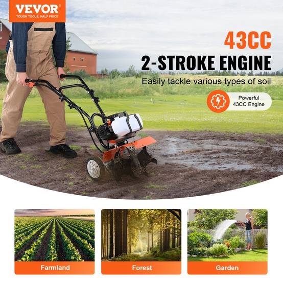 VEVOR Motobineuse thermique 43CC 2 temps, 4 dents réglables acier, grandes roues, pour potager. - Image 2