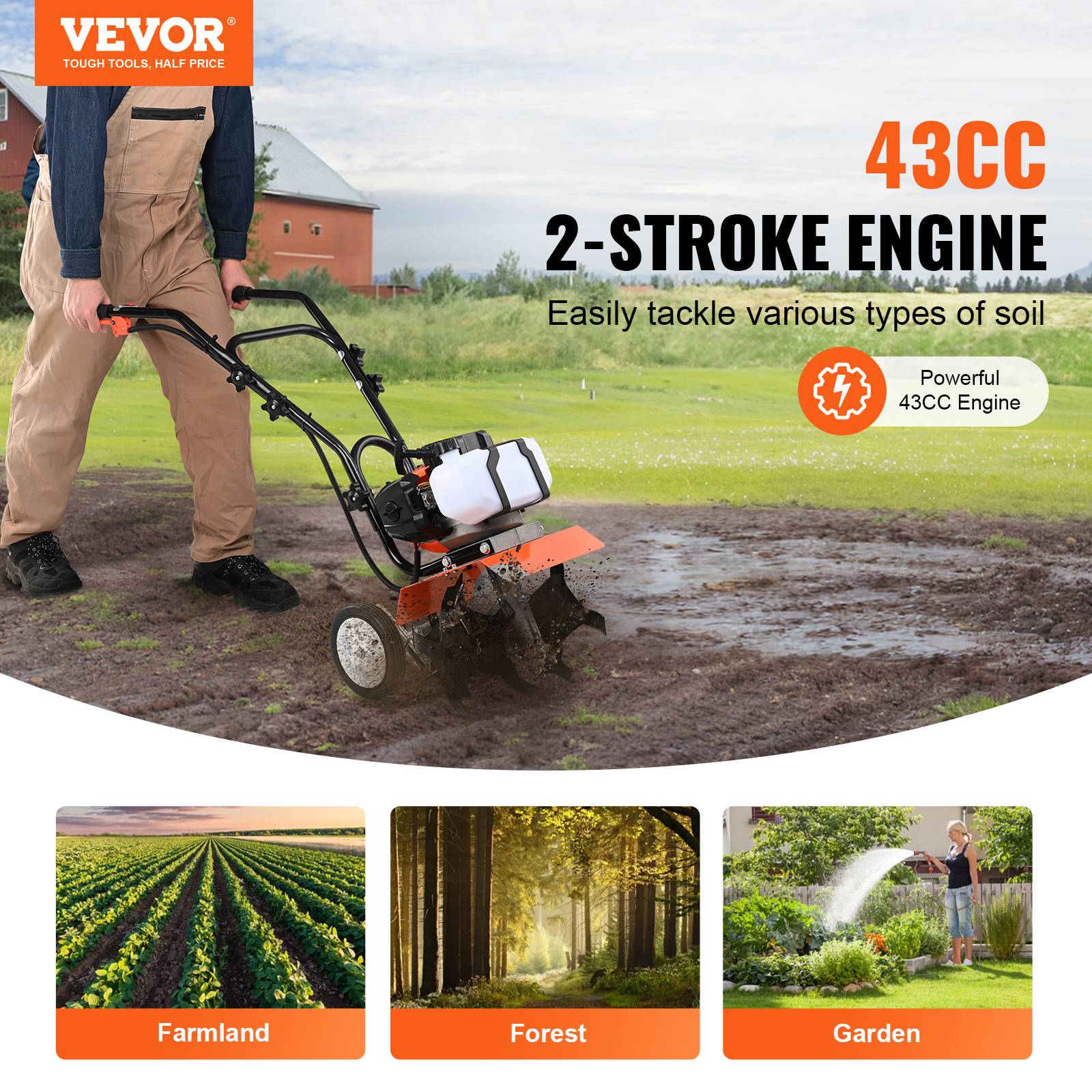 VEVOR Motobineuse thermique 43CC 2 temps, 4 dents réglables acier, grandes roues, pour potager. - Image 2