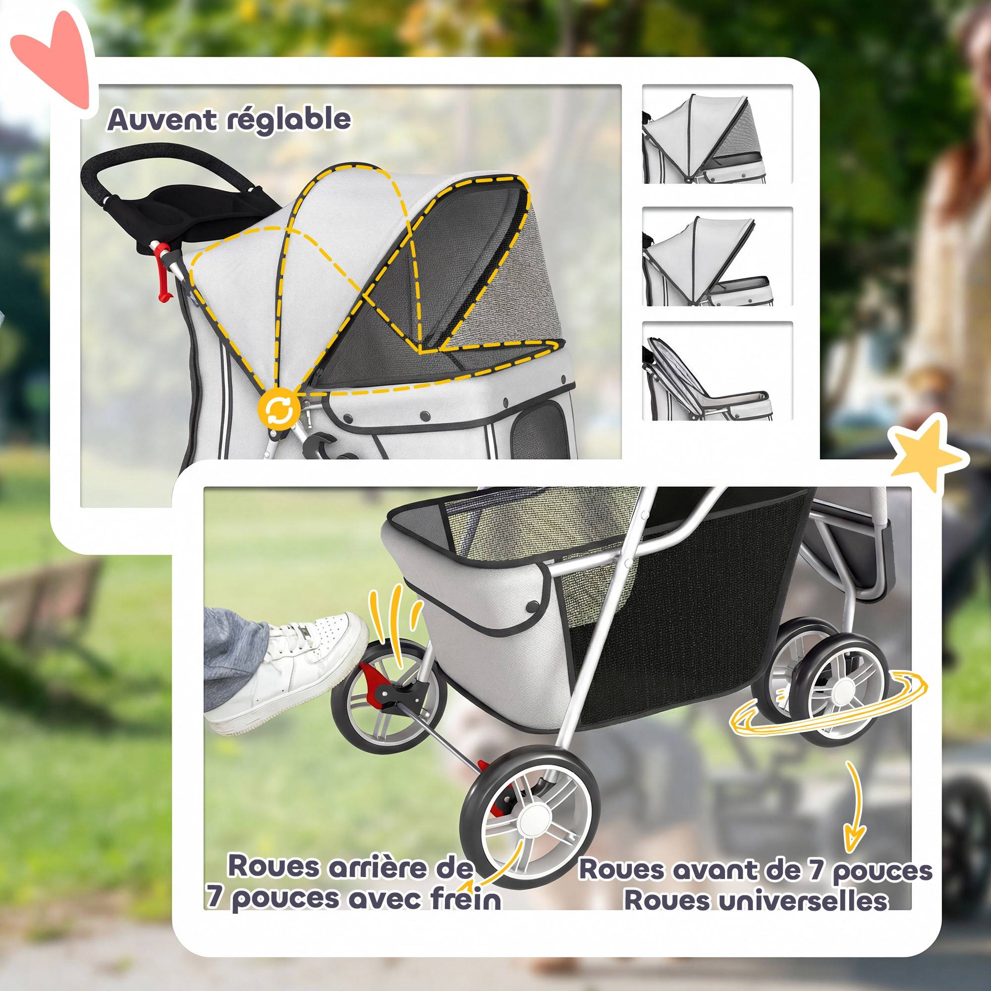 Poussette pour Chien 4 Roues, Chariot Pliable avec Auvent Réglable, Panier de Rangement, 77x44x102cm, Gris - Image 8