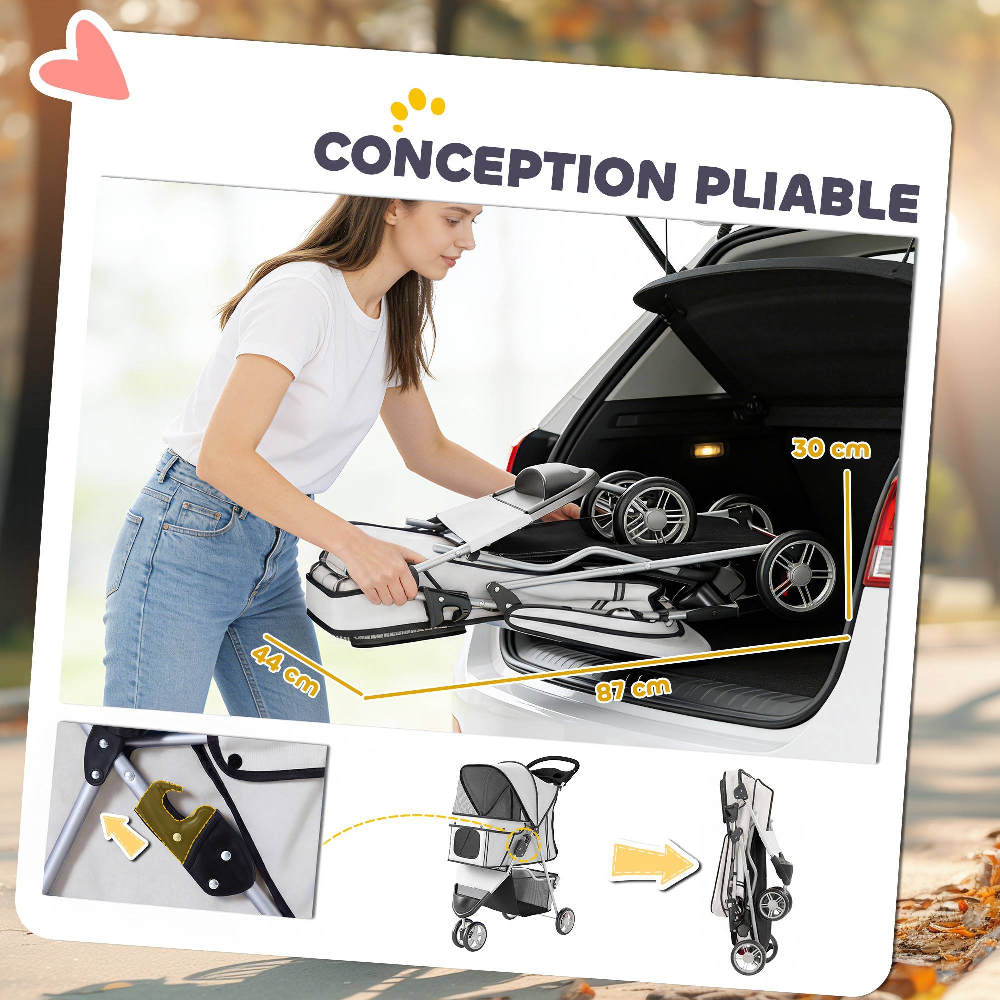 Poussette pour Chien 4 Roues, Chariot Pliable avec Auvent Réglable, Panier de Rangement, 77x44x102cm, Gris - Image 7