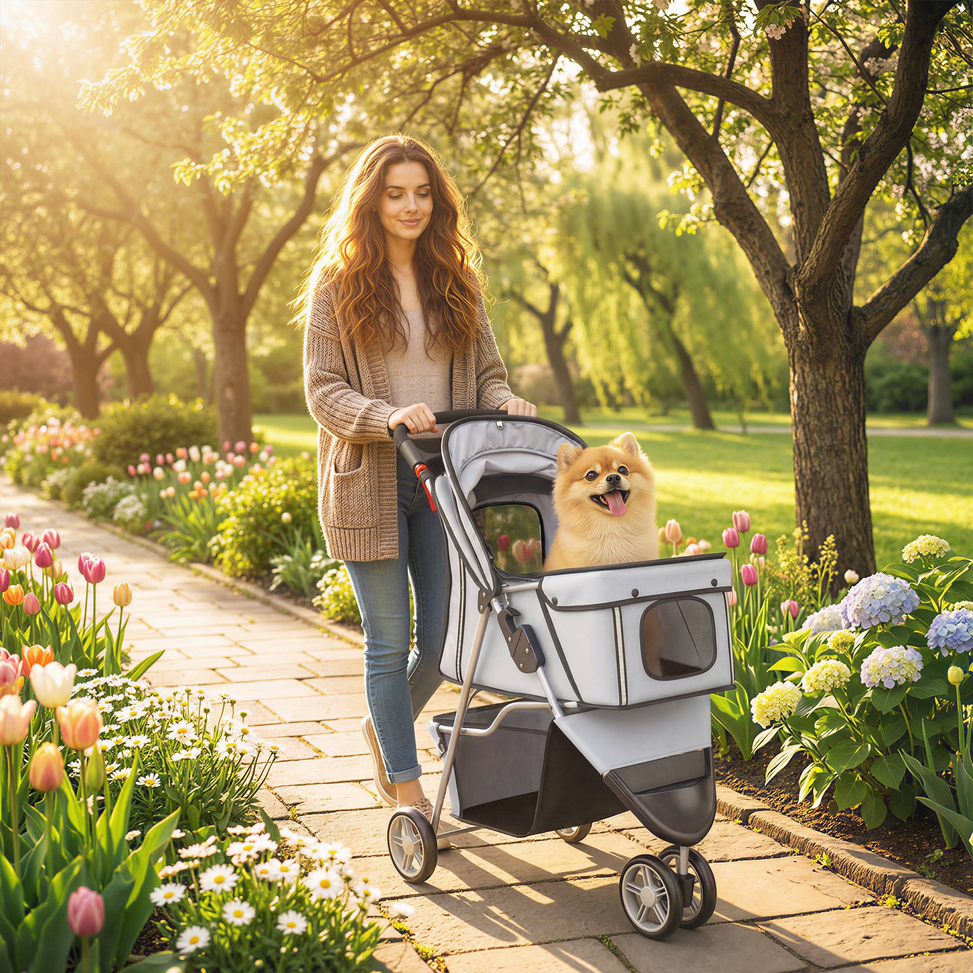Poussette pour Chien 4 Roues, Chariot Pliable avec Auvent Réglable, Panier de Rangement, 77x44x102cm, Gris - Image 3