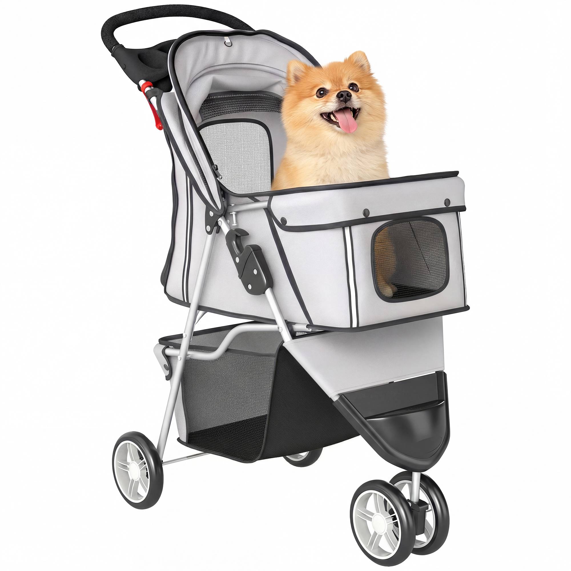 Poussette pour Chien 4 Roues, Chariot Pliable avec Auvent Réglable, Panier de Rangement, 77x44x102cm, Gris - Image 1