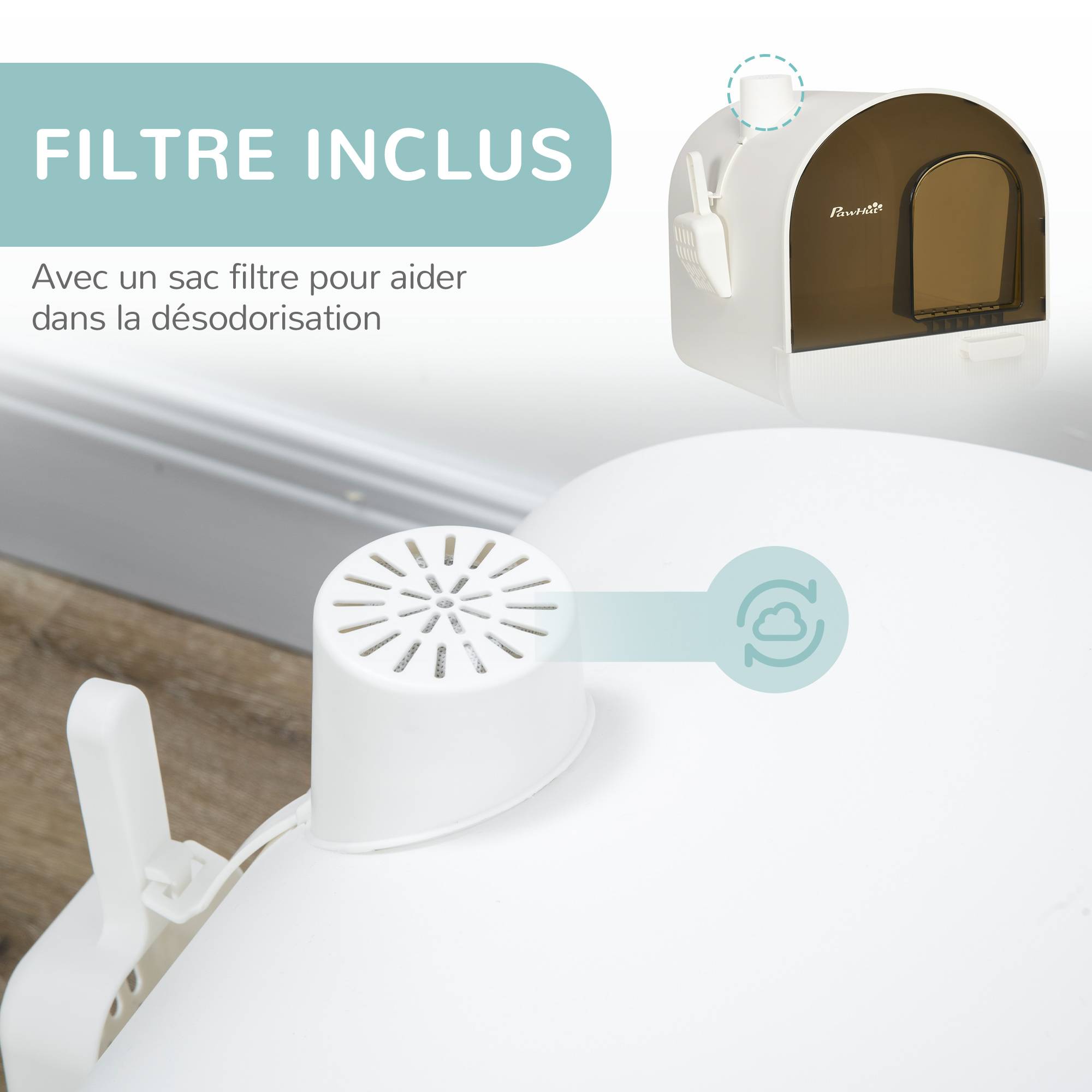 Bac à litière PawHut maison de toilette porte battante pelle filtre 43 x 44 x 47 cm blanc - Image 8