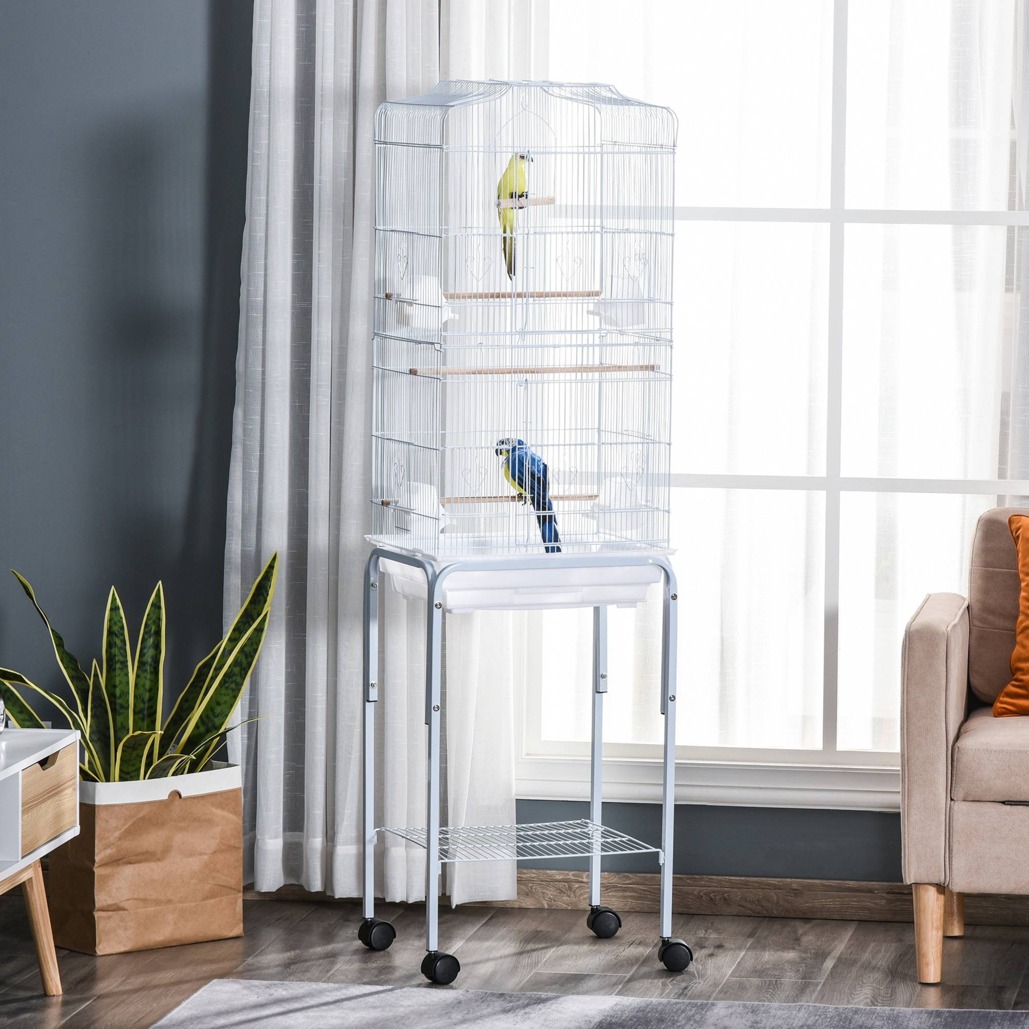 Sans Marque - Cage à oiseaux sur pied volière oiseaux sur roulettes toit ouvrant 3 perchoirs étagère inférieure 46,5x36x157cm blanc - Image 4