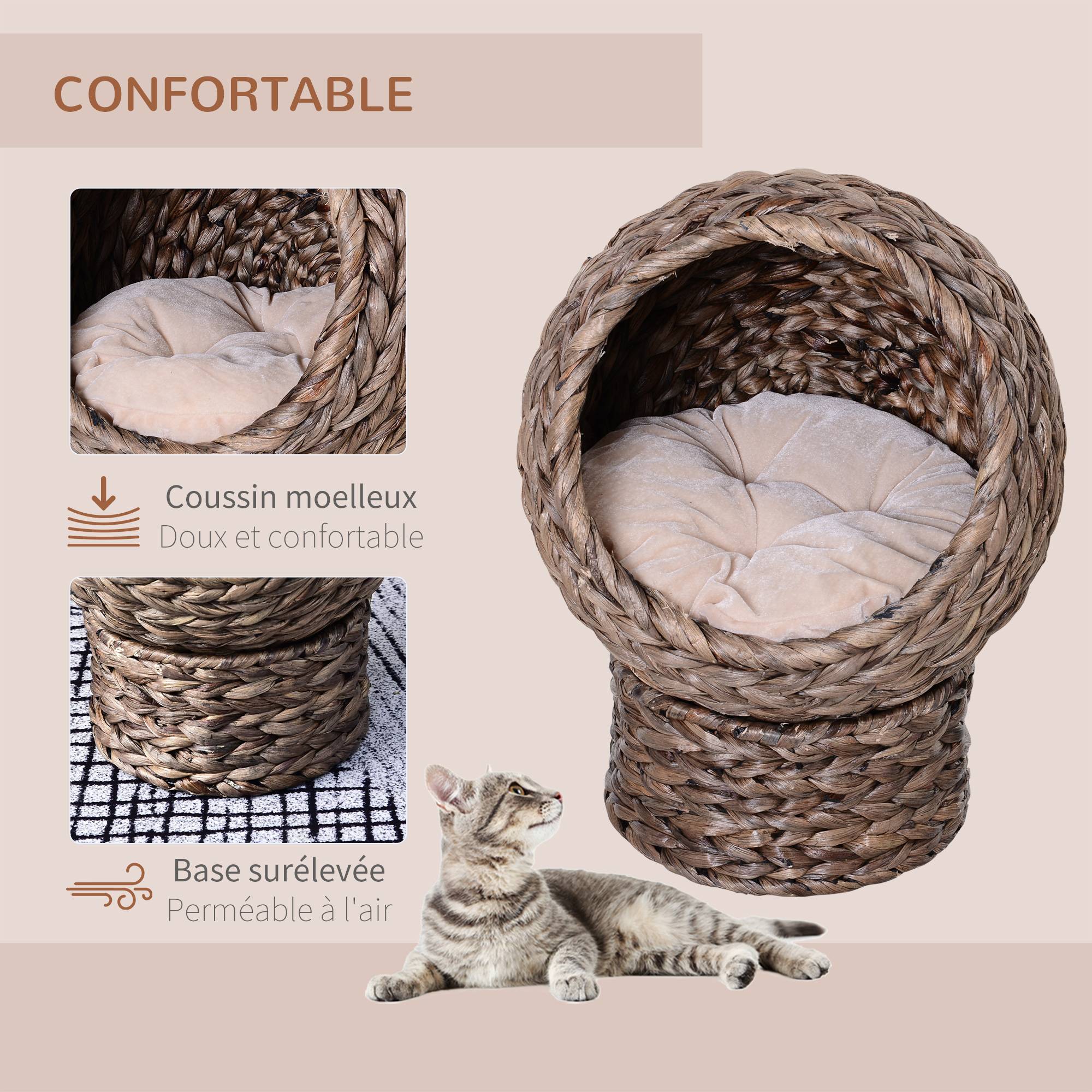 Panier surélevé pour chat feuilles de bananier beige 40 x 37 x 51 cm - PANGIVO - Image 6