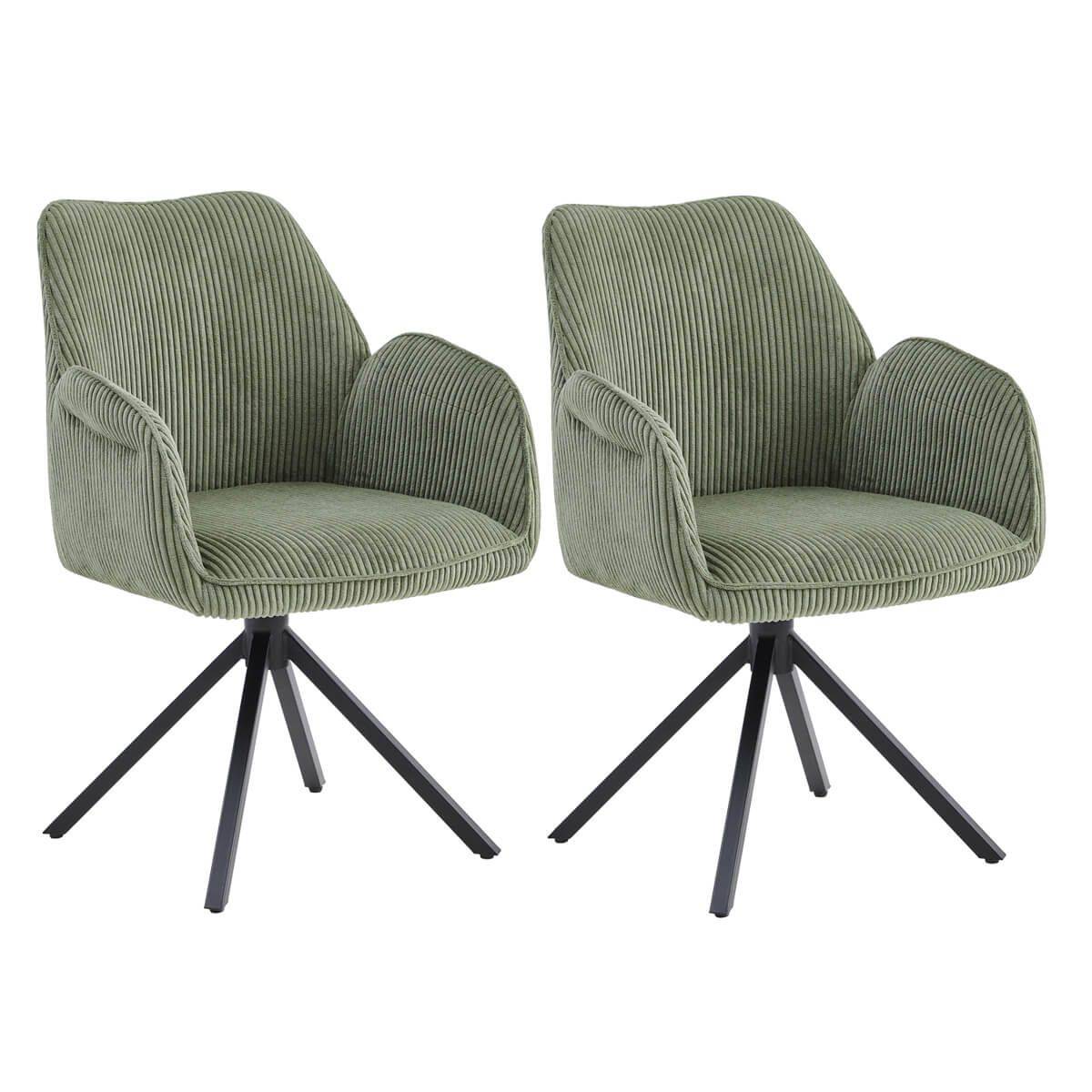 Lot de 2 Fauteuils de table Pivotants Tissu Velours Côtelé Vert - DELIA - Image 1