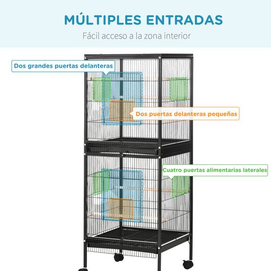 Cage à oiseaux à 2 niveaux avec roulettes, plateaux amovibles et portes, 51,5 x 50 x 140 cm, noire - Image 7